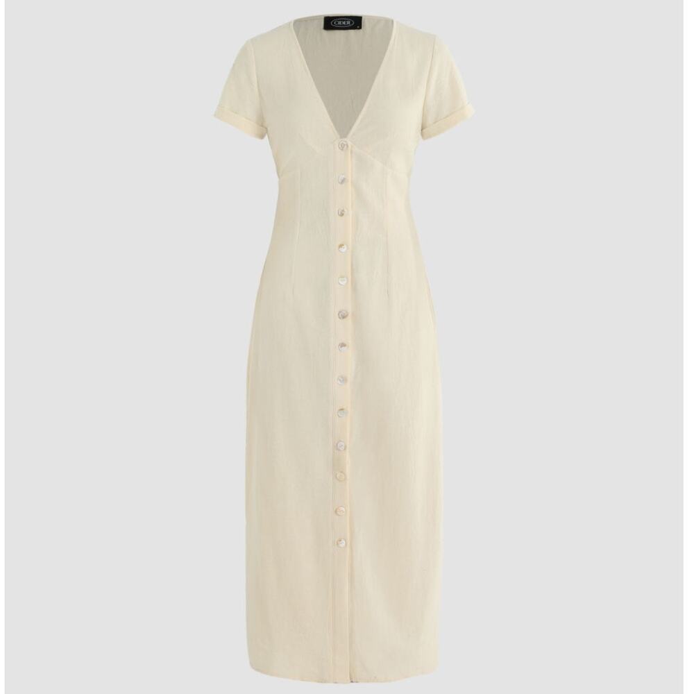 Cider Solid V-neck Yellow Button Shift Maxi Dress MEDIUM NWT Coastal Casual